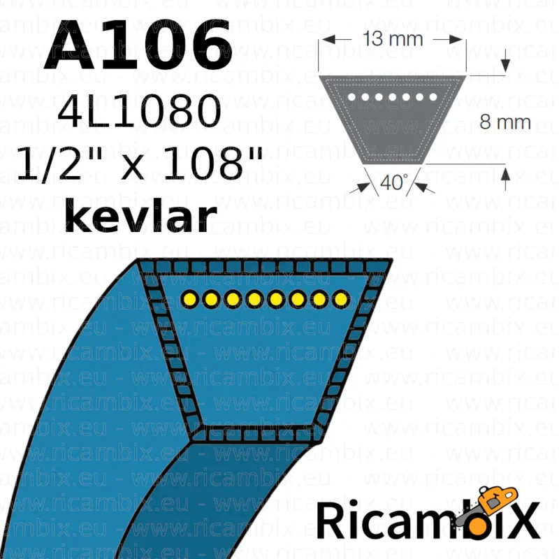 Cinghia trasmissione con rinforzi in kevlar  A106 | 4L1080 | 1/2" x 108" - rif. orig. Concord 514074