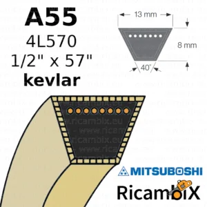 Cinghia trasmissione con rinforzi in kevlar Mitsuboshi A55 | 4L570 | 1/2" x 57" - rif. orig. Cub-Cadet 754-0124 | 754-0325 | 954-0124 | 954-0325