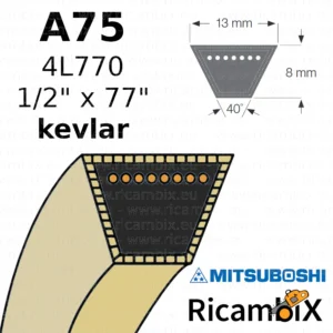 Cinghia trasmissione con rinforzi in kevlar Mitsuboshi A75 | 4L770 | 1/2" x 77" - rif. orig. Ariens 72078 | 07207800