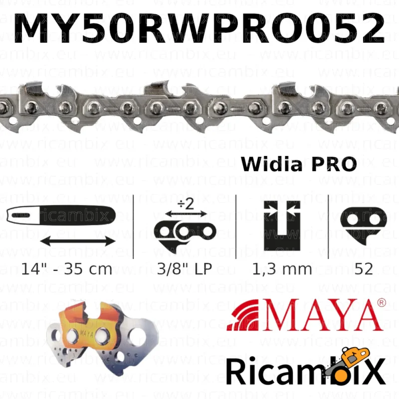 Catena Motosega MAYA Widia PRO MY50RWPRO052 | 14" - 35 cm | 3/8" basso profilo x 1.3 mm | 52 maglie