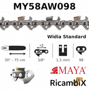 Catena Motosega MAYA Widia Standard MY58AW098 | 30" - 75 cm | 3/8" x 1.5 mm | 98 maglie