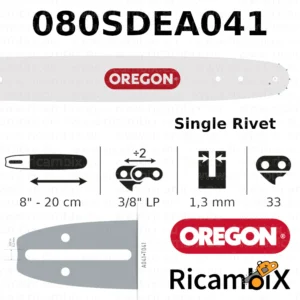 Barra Motosega OREGON Single Rivet 080SDEA041 | 8" - 20 cm | 3/8" basso profilo x 1.3 mm | 33 maglie