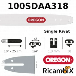 Barra Motosega OREGON Single Rivet 100SDAA318 | 10" - 25 cm | 1/4" x 1.3 mm | 58 maglie