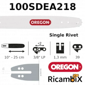 Barra Motosega OREGON Single Rivet 100SDEA218 | 10" - 25 cm | 3/8" basso profilo x 1.3 mm | 39 maglie