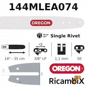 Barra Motosega OREGON Single Rivet 144MLEA074 | 14" - 35 cm | 3/8" basso profilo x 1.1 mm | 50 maglie