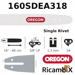 Barra Motosega OREGON Single Rivet 160SDEA318 | 16" - 40 cm | 3/8" basso profilo x 1.3 mm | 54 maglie