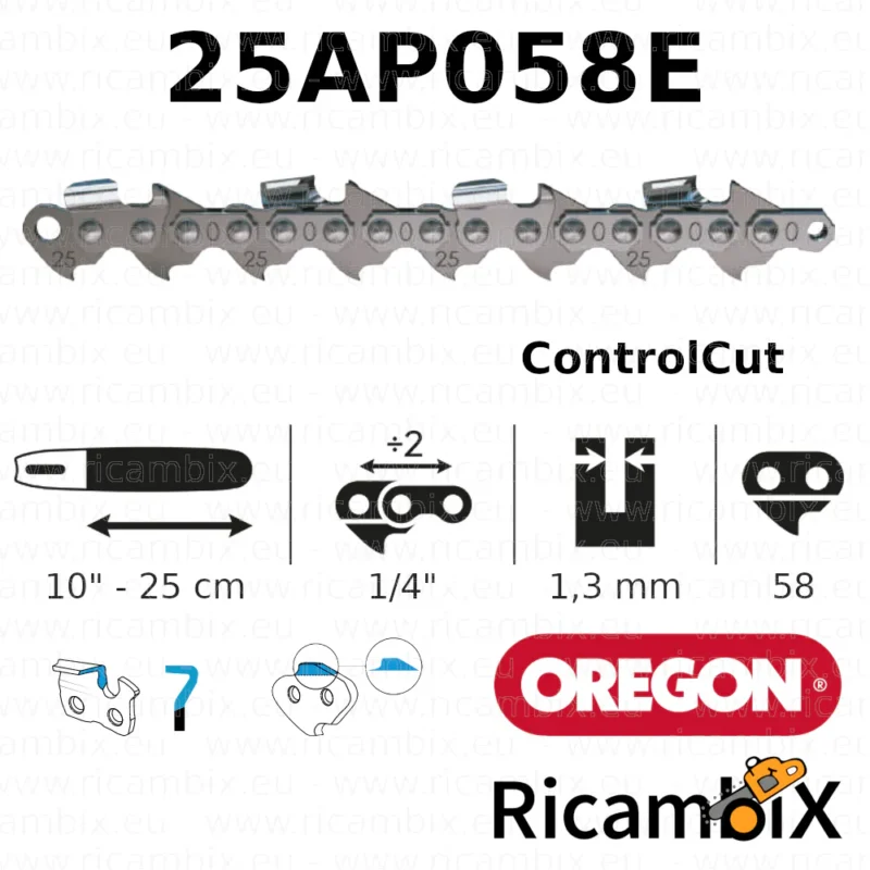 Catena Motosega OREGON ControlCut 25AP058E | 10" - 25 cm | 1/4" x 1.3 mm | 58 maglie
