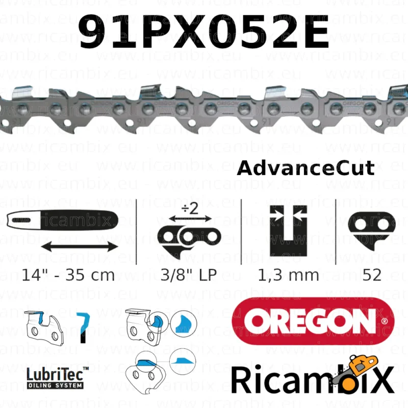 Catena Motosega OREGON AdvanceCut 91PX052E | 14" - 35 cm | 3/8" basso profilo x 1.3 mm | 52 maglie
